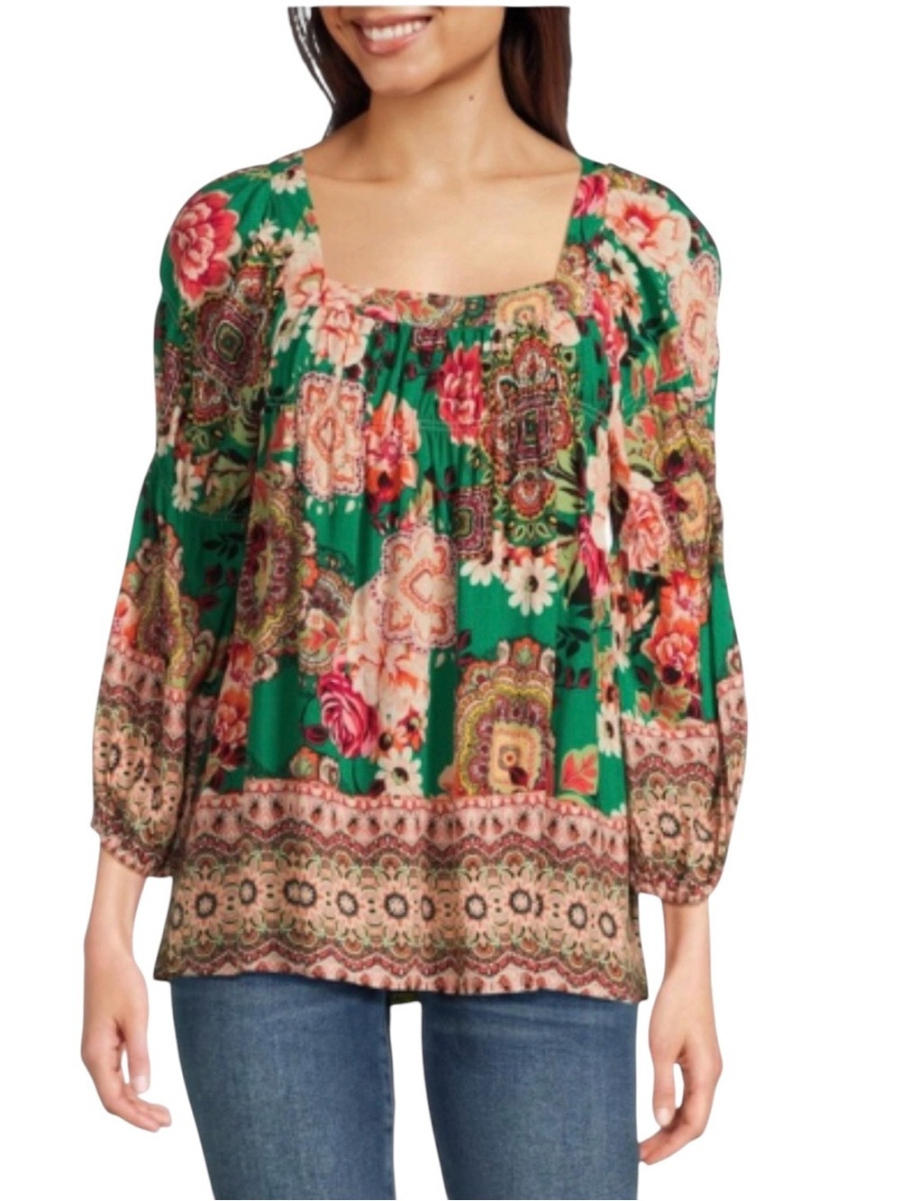 Figuero & Flower Woven Border Print 3/4 Sleeve Blouse XL Green like new